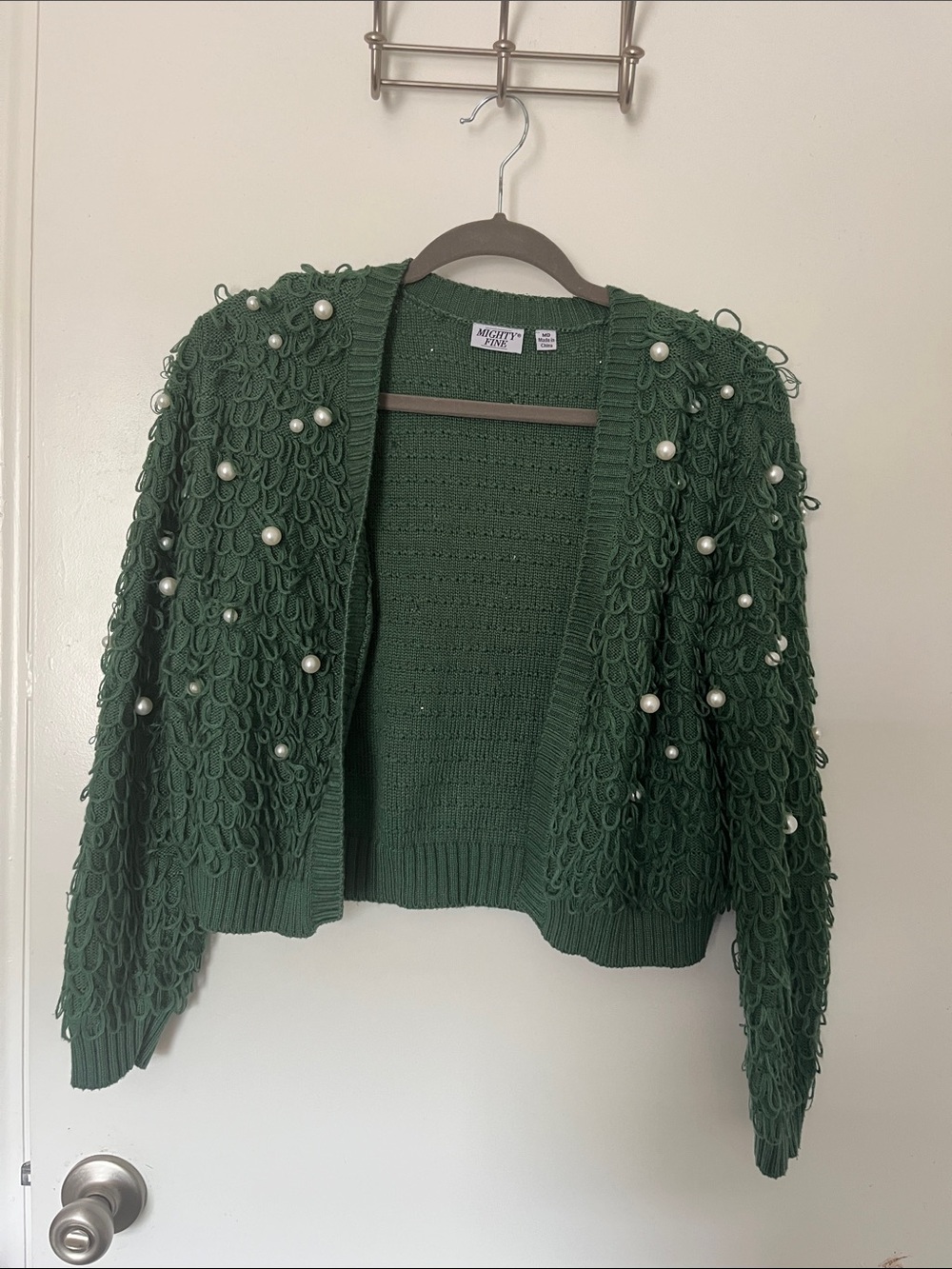 Mossimo Supply Co. Dark Green Pearl-Embellished Loop Knit Open Cardigan